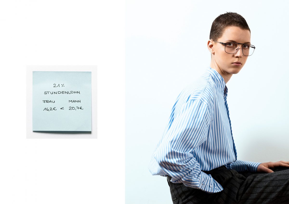 77tagearbeit_filinefink-03-150dpi gender Pay gap 77 tage arbeit inequality feminism blue post it woman suit glasses blue shirt
