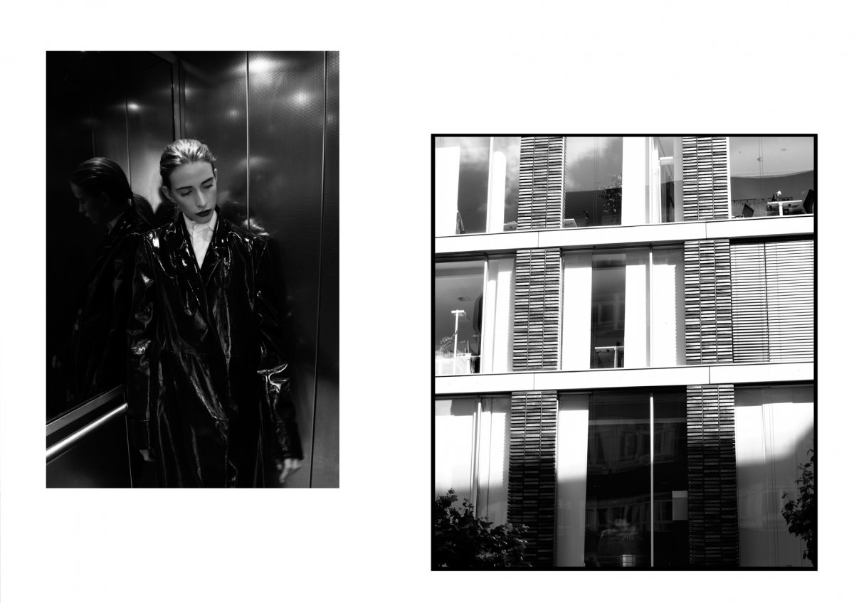 77tagearbeit_filinefink-04-150dpi woman trench coat leather elevator apartment building black white editorial