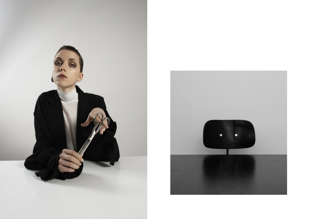 77 days of work by Filine Fink woman scissors blacksuit white shirt black office chair editorial 77 tage arbeit