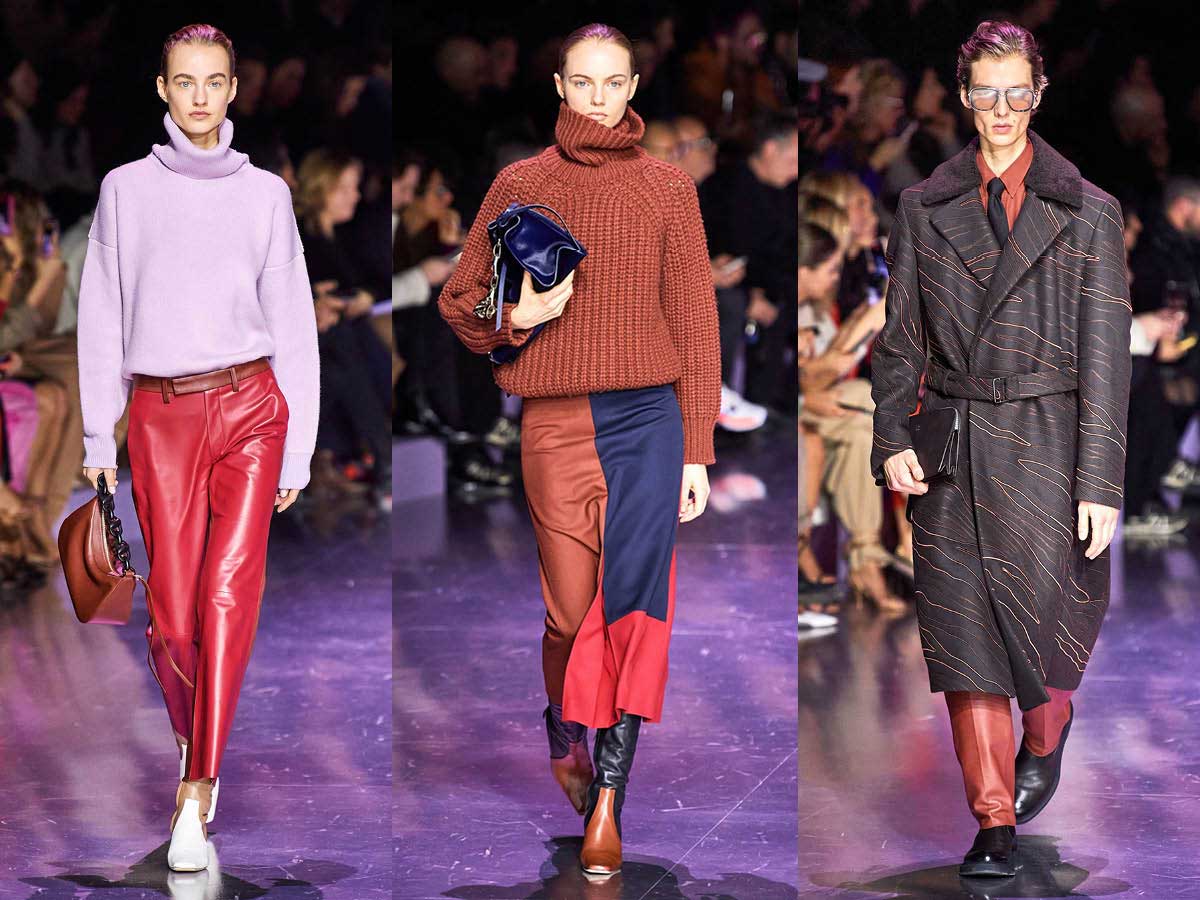 Colorsweb Milan women fashion week fall winer purple show Hugo Bosstop red pants orange sweater leather trench coat