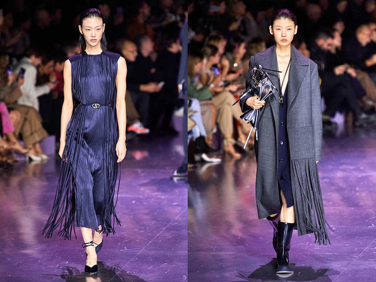 Fransenweb Milan women fashion week fall winer purple show Hugo Boss Blue Dress Coat fringes