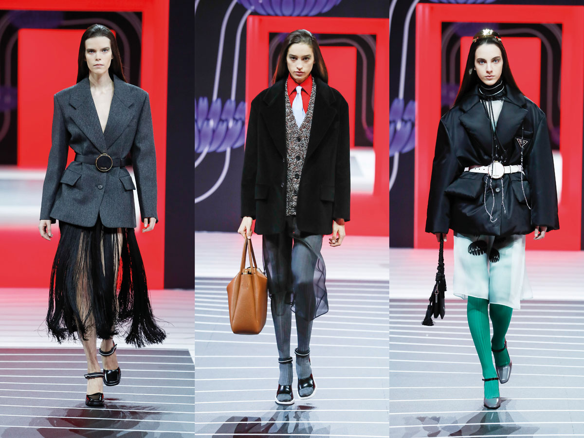Prada1 Milan fw 2020 prada grey black coat green tights blazer fringe skirt