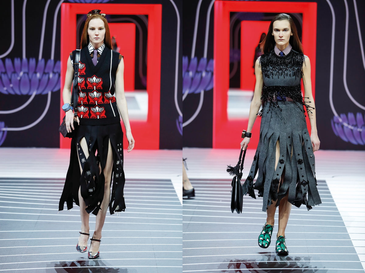 Prada2 Milan fw 2020 prada grey dress red top black skirt fringe
