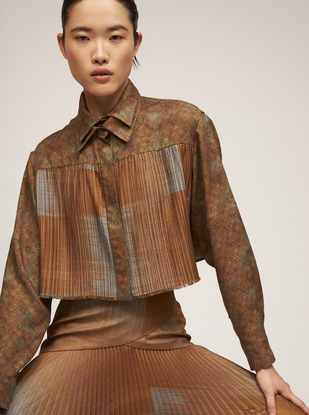 Nobieh Talaei_Image2 Nobieh Talei Campaign Brown Shirt Patchwork pattern Model White Background