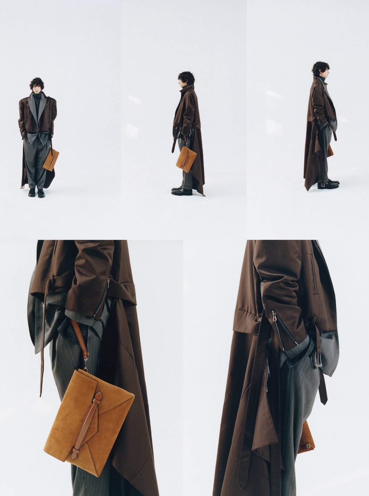 36 Coat INSTITUTION BY GALIB GASSANOFF; Jacket and pants BRUNELLO CUCINELLI; Shirt GAL NELL DAHAN; Shoes LUDWIG REITER; Bag MONTBLANC